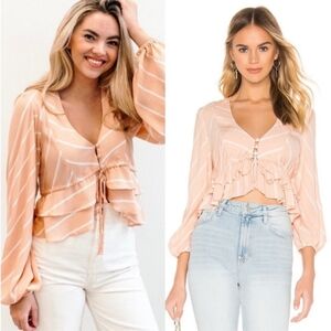 NWT Free People Samifran V-neck Button Front Ruffle Peach Blouse Top Size XS
